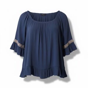 Cha Cha Vente Blue Boho Peasant Top XL – Embroidered Sleeves Ruffle Hem, Flowy
